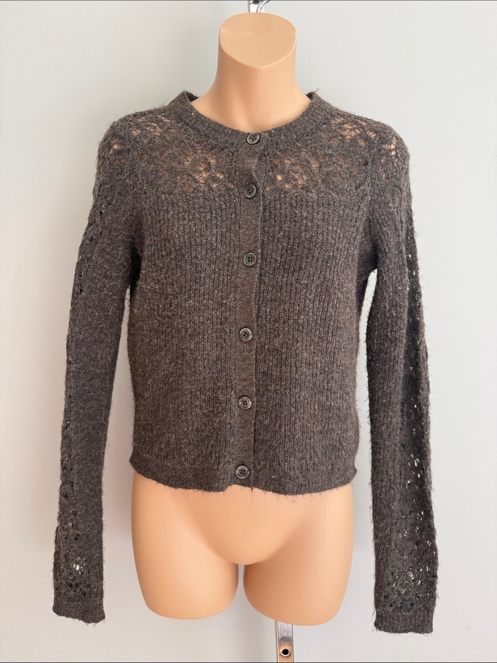 AEO Chocolate Brown Lace Yoke Button-Front Women's Sweater Size XSP